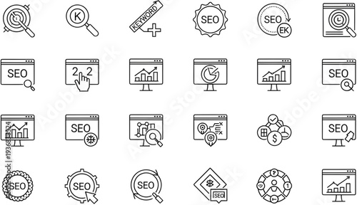 SEO optimization icons set vector illustration, flat design graphics for business and marketing