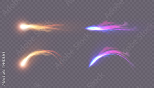 A purple and yellow glow effect with magical shimmering energy. A magical design for a fairy tale illustration. Swirl trail effect. Vector.