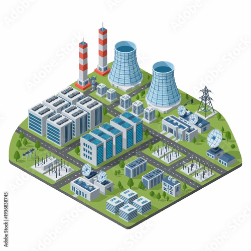 Isometric illustration of a nuclear power plant with cooling towers and industrial buildings.
