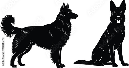 German Shepherd dog silhouette set, standing and sitting canine pet isolated on white background, detailed black animal illustration design