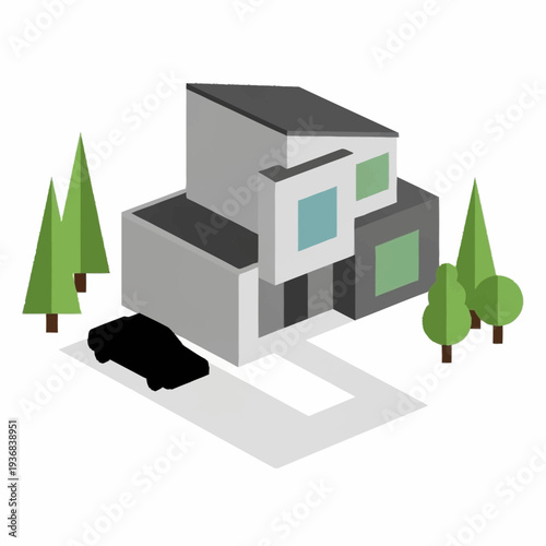 Modern two-story house with a car parked in the driveway surrounded by trees.