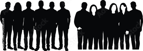 Group of diverse people silhouettes standing together, business team unity concept isolated on white background illustration