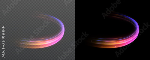 Abstract neon light trail with shining blue pink neon glow on dark background.