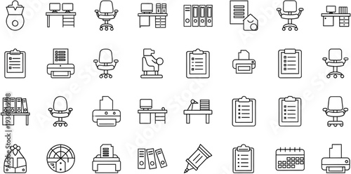 Collection of office and technology icons set flat design vector illustration isolated on white background