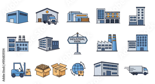 Collection of Industrial Buildings Warehouses Factories and Logistics Icons Vector Set.