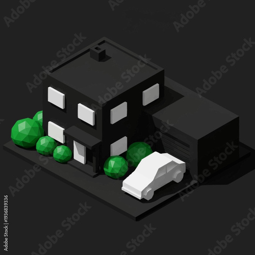 3D illustration of a modern black house with a white car parked outside.