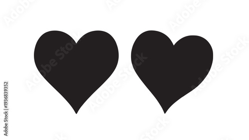 Hearts icons set with solid black filled shapes on white background, graphic elements for love and romance.