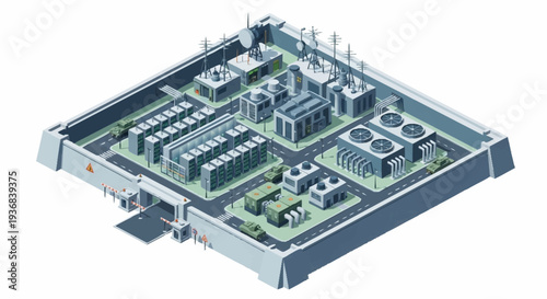 Isometric View of Industrial Facility with Various Equipment and Buildings.