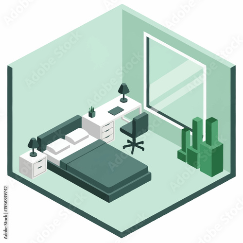 Isometric bedroom with bed desk and mirror in green tones.