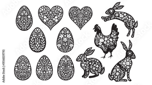 Eggs, hearts, chicken, and rabbits with floral patterns in black silhouette on white background featuring Easter, spring, bunnies with hen and fowl