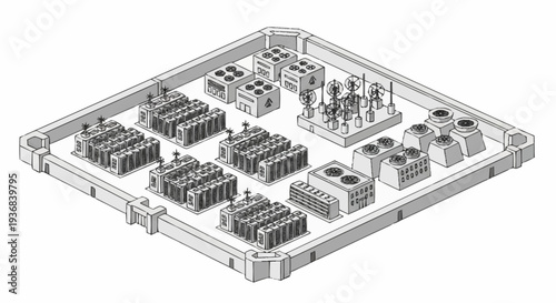 Isometric illustration of a data center with servers and infrastructure.