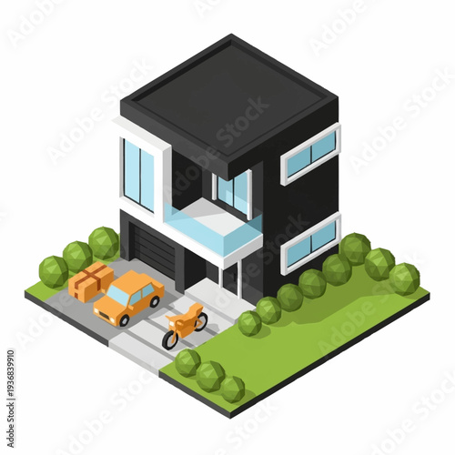 Modern two-story house with driveway and garden.