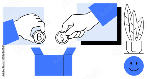 Cryptocurrency exchange visual. Bitcoin and dollar coins in a transaction digital trading concepts. Cryptocurrency simplifies transactions and global finance. For fintech, blockchain, global trades