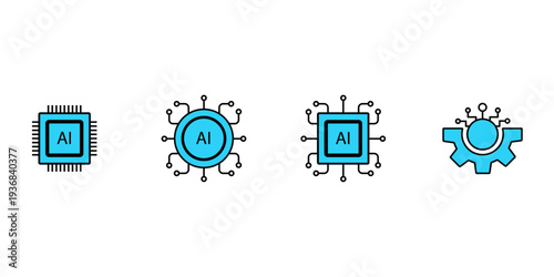 Artificial intelligence microchip set representing modern computing and technological advancement blue and black line art style illustration on white vector background.
