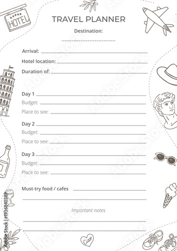 Italian travel planner template with hand drawn Pisa tower, wine glass, gelato, hat icons. Three day trip itinerary printable organizer in black white line art style for Tuscany, Rome, Florence vacati