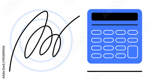 Electronic signatures, authentication processes, financial services, digital security, data management, secure payments. A digital signature alongside a calculator. Authentication and financial