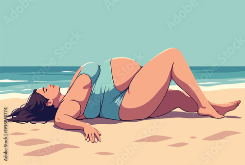 donna sdraiata al mare in spiaggia che prende il sole in costume da bagno vettoriale