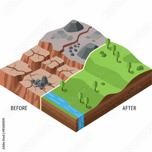 Before and After Landscape Transformation with Water and Greenery.