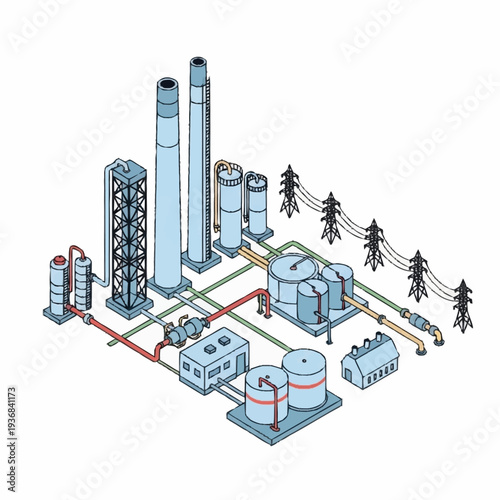 Industrial Power Plant with Smokestacks and Storage Tanks.