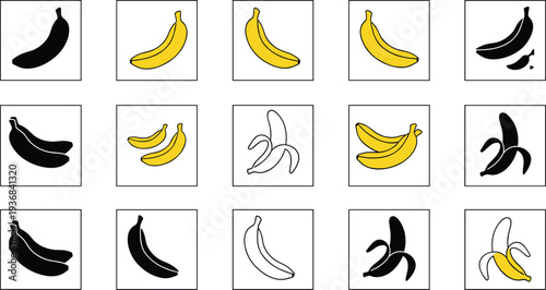 Banana fruit vector icon set, ripe banana and peeled banana illustration collection with outline and silhouette styles