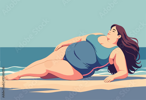 donna sdraiata al mare in spiaggia che prende il sole in costume da bagno vettoriale