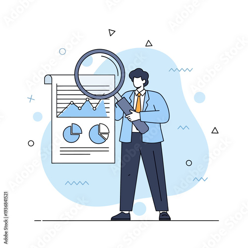 Dedicated professional examining crucial business reports and market data, applying a magnifying glass for thorough analysis and insightful decision-making