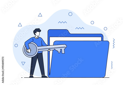 Digital data security concept A person holding a large key next to a secure folder, illustrating confidential file protection and authorized access