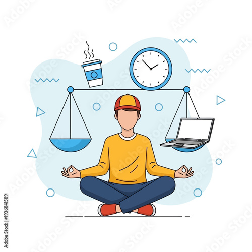 Meditating Man Balances Digital Work Demands with Personal Well-being and Mindfulness for Optimal Lifestyle Harmony