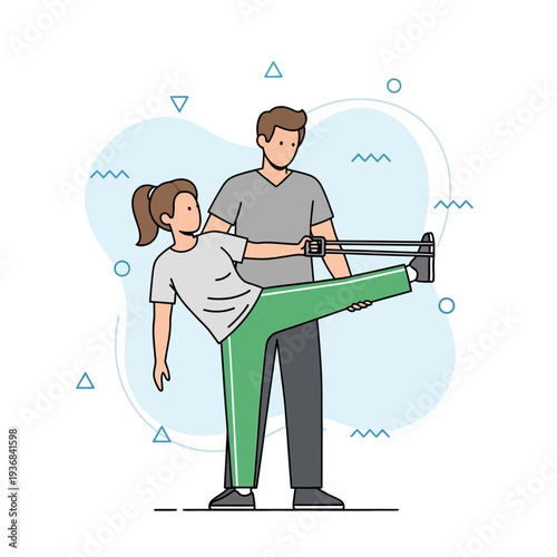 Skilled physiotherapist or fitness coach helps woman perform targeted resistance band workout for leg rehabilitation and core strength development