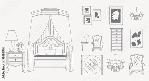 Hand-drawn line art illustration set of classic vintage bedroom and interior decor furniture.