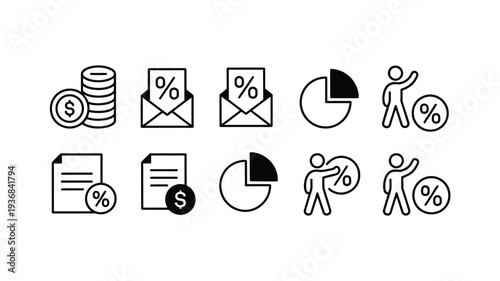 Finance icons set including money, percentage and pie chart symbols