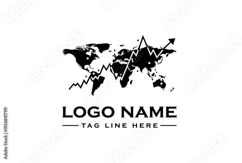 A black and white logo design featuring a stylized world map with a rising arrow and line graph, symbolizing global reaction and diplomacy on a clean background.