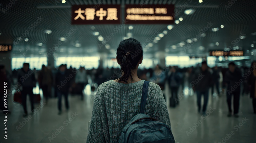 Fototapeta premium A lone woman with a backpack, seen from behind, walking through a dimly lit, bustling airport or train station terminal.