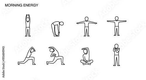 Line Art Illustrations of Morning Energy Exercises and Stretches.