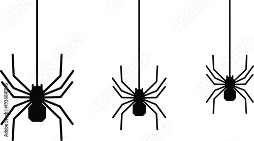 Spider silhouettes hanging on thread set, creepy arachnid icons for halloween decoration, insect symbol collection isolated on white background