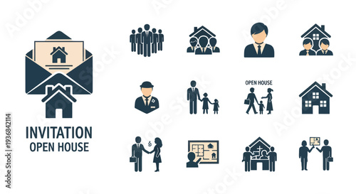 Real Estate and Open House Invitation Icon Set with People and Houses.