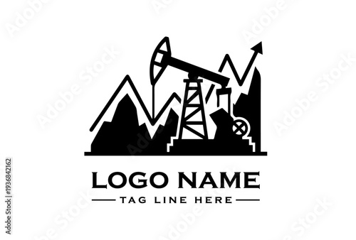 A black silhouette logo featuring an oil pumpjack with a rising graph and mountains, symbolizing energy and geopolitical impact on a white background.