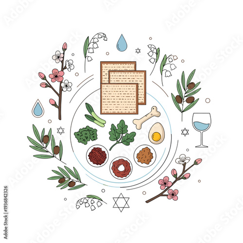 Celebrating Passover with Traditional Seder Plate, Wine, and Symbolic Foods in an Elegant Illustration