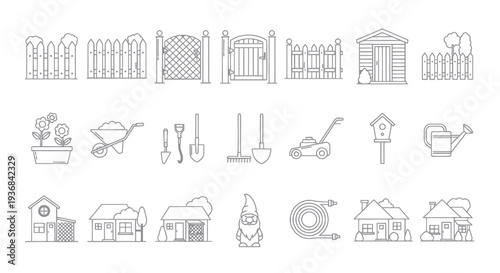 Outline vector icons of garden tools fences gates sheds and outdoor accessories for home gardening.
