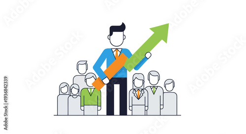 Businessman in a blue suit holding a green growth arrow leading a team of people.