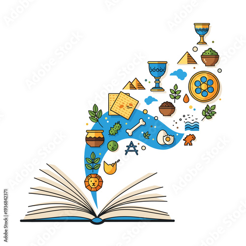 Celebrating Passover with an open book releasing symbols of Jewish heritage into the air