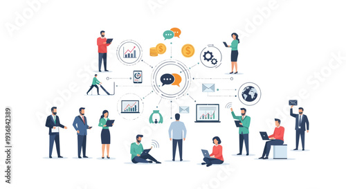 Diverse Business People Collaborating with Digital Technology and Data Icons.