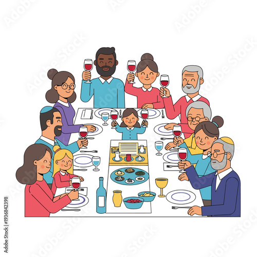 A diverse family gathering around the table celebrating Passover together