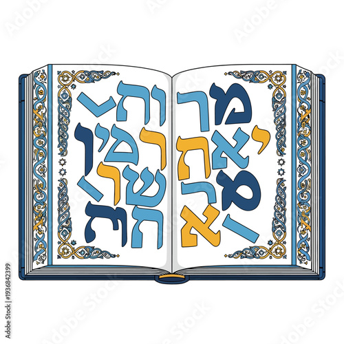 An ornate Passover Haggadah book lies open, showcasing intricate Hebrew text in blue and gold on white pages, symbolizing a significant religious tradition.