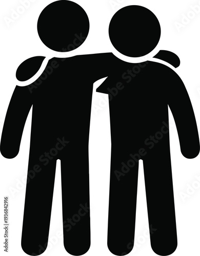 Friendship icon illustration, two people standing together with arm around shoulder, unity support concept, teamwork relationship symbol isolated on white