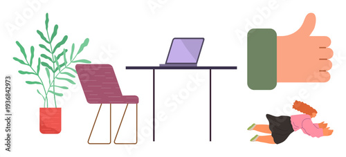Workplace inspiration, home office decor, productivity, well-being, approval, relaxation. Workspace scene with laptop, chair plant thumbs up and person reclined on floor. Workplace inspiration