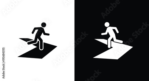 Dynamic vector graphic illustration depicting a stylized human stick figure running on an arrow, symbolizing urgency, movement, progress, or quick exit on a split background design.