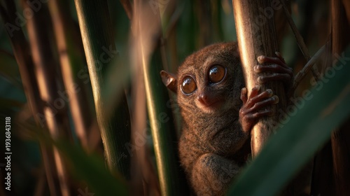 Brown furry tarsier clinging to bamboo stalk in lush environment