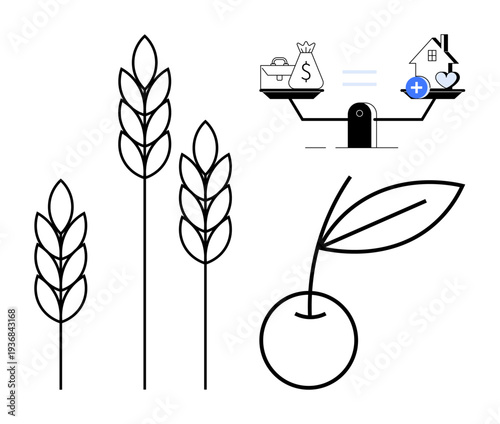 Sustainable agriculture. Wheat stalks, cherry fruit crops and farming, and balance with money and house health concept. Sustainable farming, eco-business, healthy lifestyle, food industry, economy
