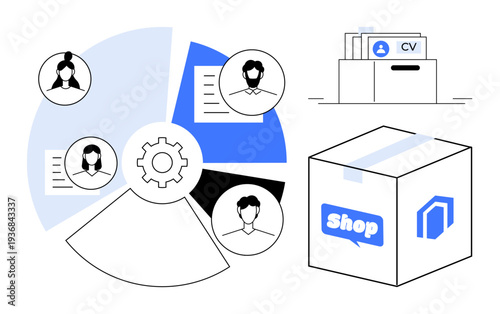Recruitment concept. Recruitment icons include CVs, profiles, and gear symbols for hiring process optimization. Recruitment connects talent sourcing with business growth. For HR, business